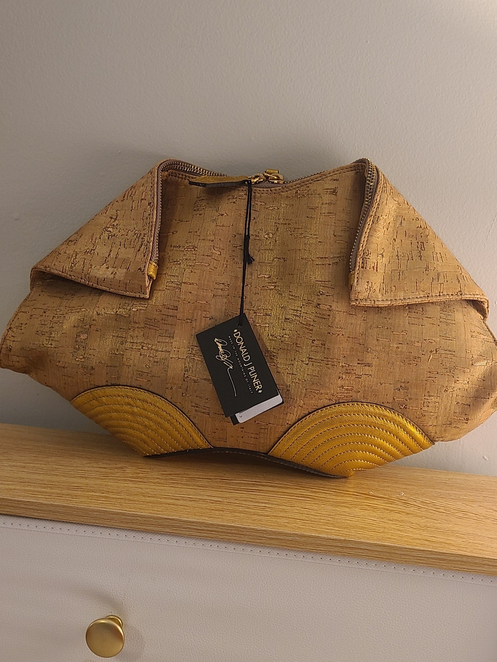 Donald J. Pliner Tan Cork-Texture Clutch with Yellow Accent